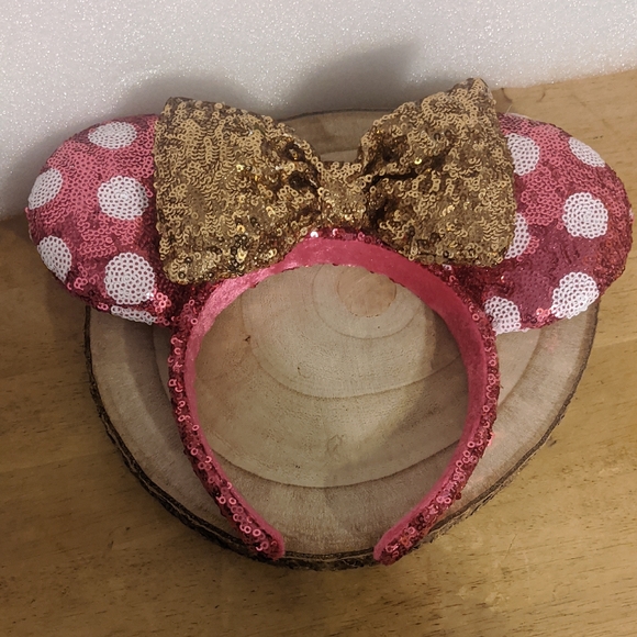 Disney Minnie Ears Pink and Gold Sequin Polka Dot Headband - Picture 1 of 5